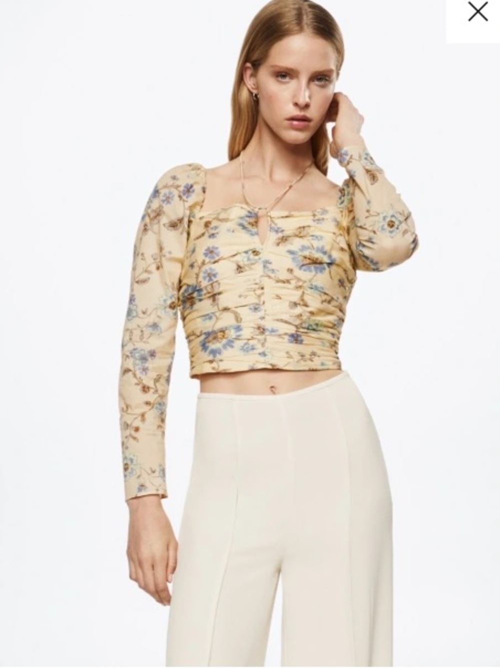 Yellow Floral Ruched Long-Sleeve Crop Top